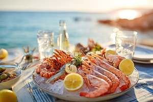 Enjoying a fresh seafood platter on ice with lemon slices at a seaside dining e, a Food & Drink Photo by AlyaAnd