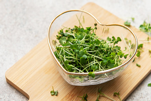 Fresh microgreens in heart bowl on wooden cutting board, a Food & Drink Photo by Olena Rudo
