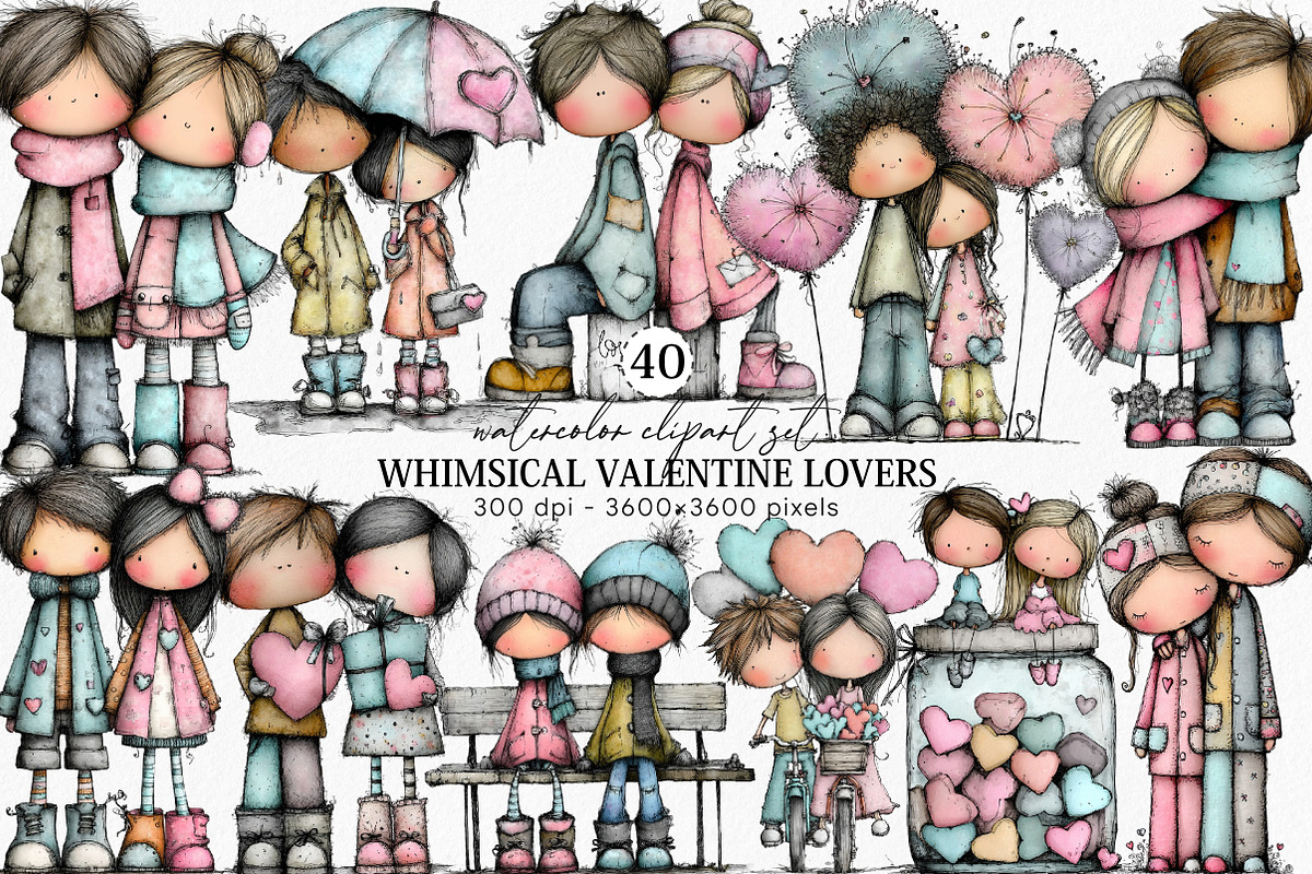 Whimsical Valentine Lovers Clipart, an Illustration by Canvas Craft (Photo 1 of 6)
