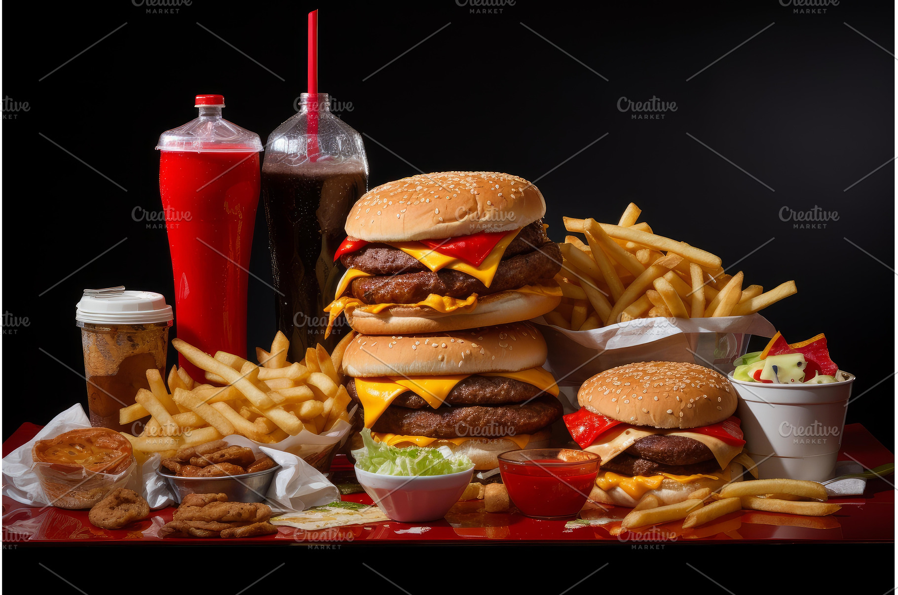 Big portions of fast food create an, a Food & Drink Photo by Ylivdesign