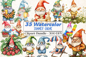 Watercolor Summer Gnome Clipart, an Illustration by DreamCafeArt