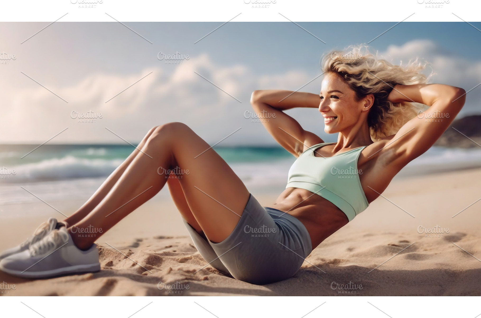 A fit woman doing sit-ups on a sandy, a Sports & Recreation Photo by Igor Tichonow
