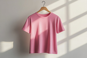Pink T-Shirt Hanging Wooden Hanger S, a Background Photo by Pixeness Studio