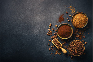Roasted coffee beans, ground coffee, a Food & Drink Photo by Nadia-nb