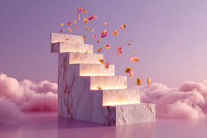 Staircase leading to clouds with flower petals floating in pastel sky at sunset, a Photo by AlyaAnd