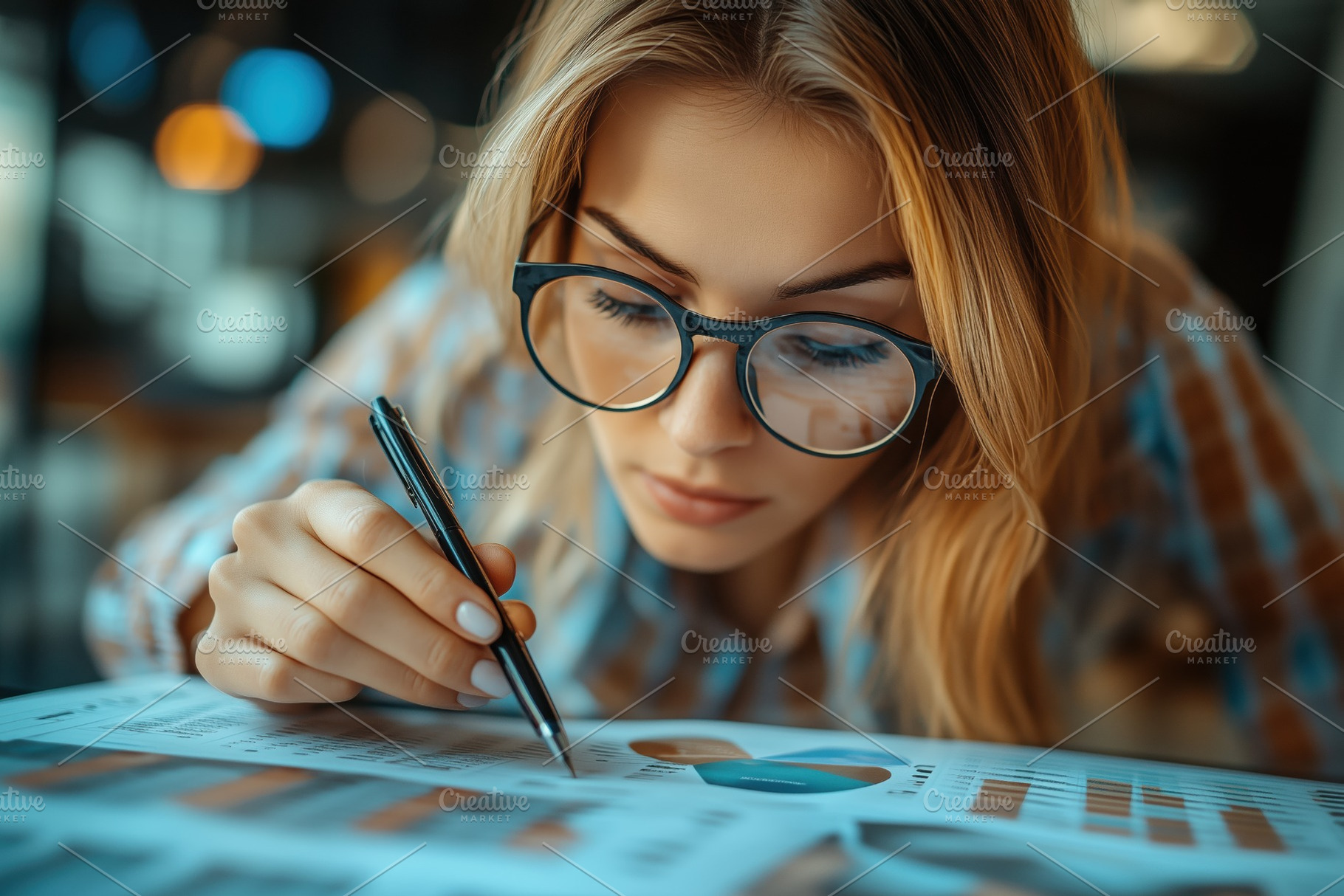 A focused young woman accountant with glasses analyzing financial charts and gr, a Person Photo by Textures & Backgrounds