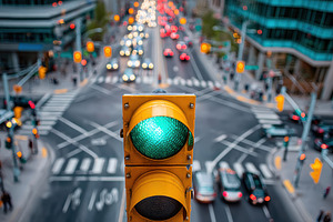 Green traffic light in a busy urban setting, a Transportation Photo by AlyaAnd