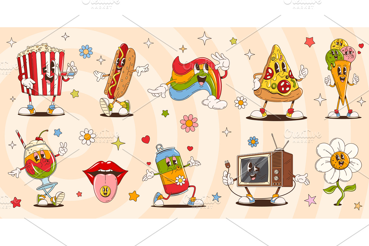 Cartoon groovy characters, a Decorative Illustration by Vector Tradition