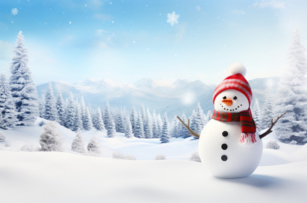Snowman against fir trees in snowy l, a Photo by Iftikhar Alam