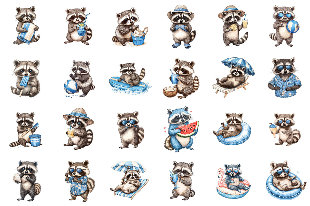 Summer Raccoon Clipart Set PNG, an Illustration by designcity5 (Photo 2 of 5)