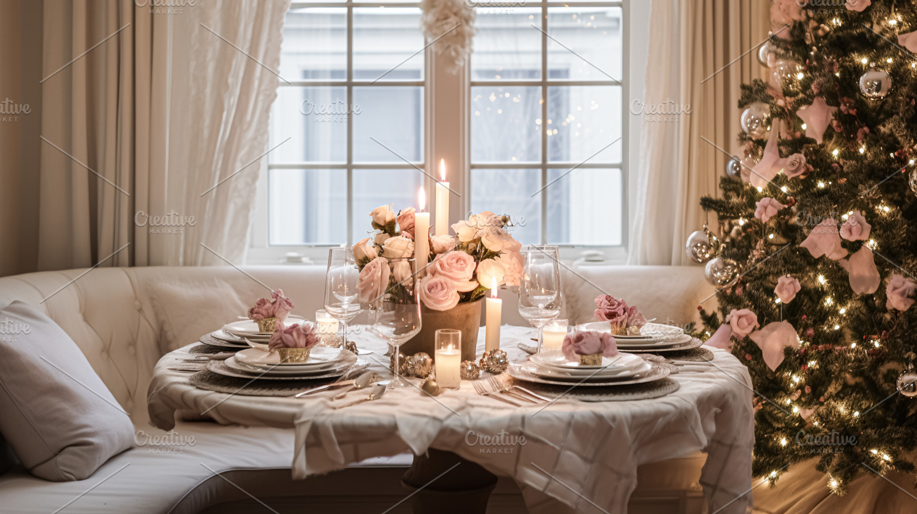 Table decor for festive family dinner at home, holiday tablescap, a Holiday Photo by Anneleven