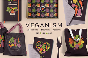 Veganism. Veggies, Fruits & Dishes, a Food Illustration by Renberrry.Store