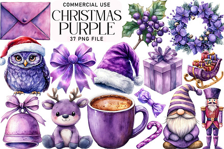 Watercolor Purple Christmas Clipart