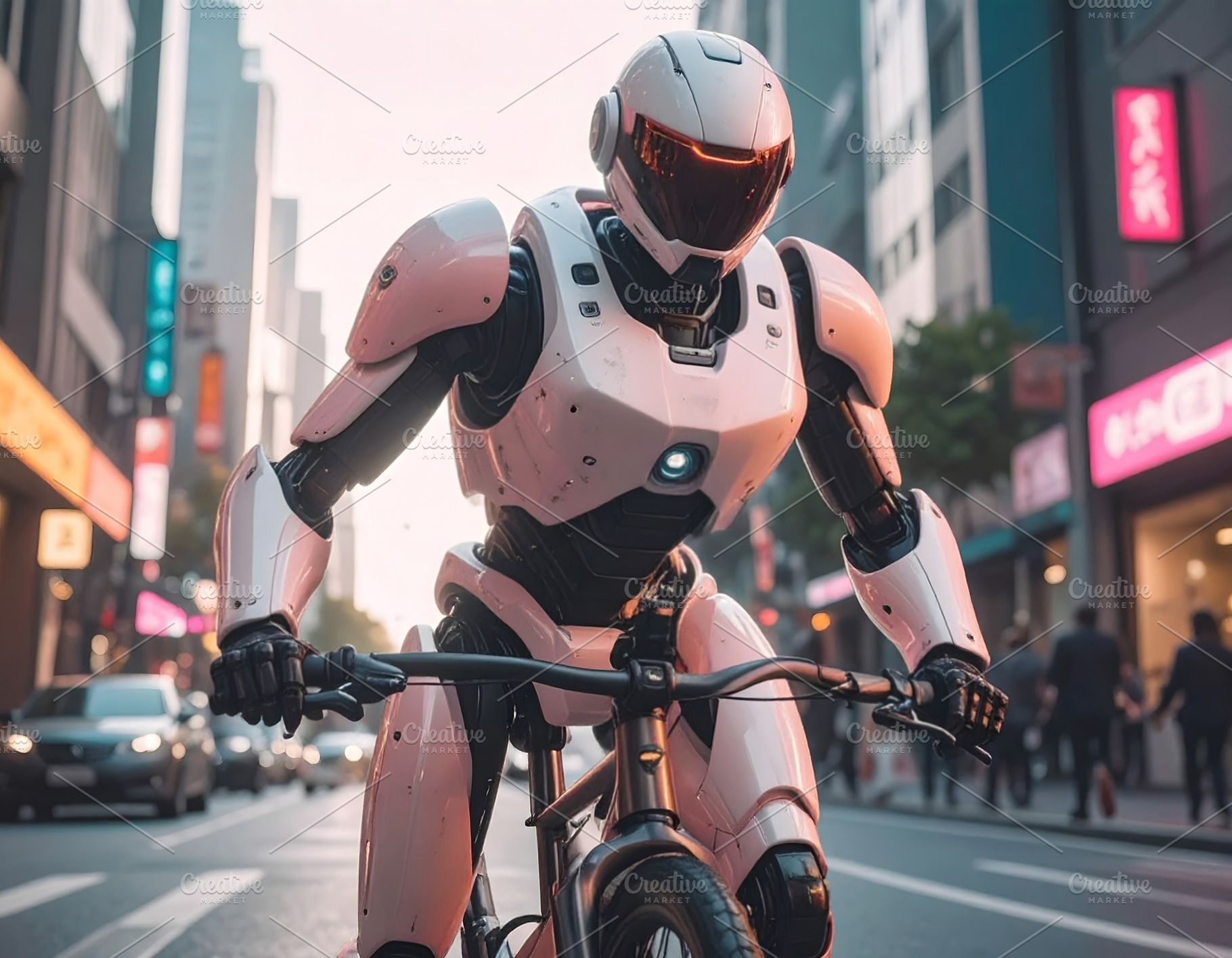 Futuristic robot cycling through busy city street with determina, a Technology Photo by GoodGoods