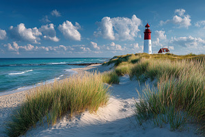 Red and white lighthouse on sandy be, a Photo by Pixeness Studio