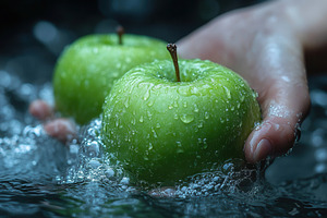 Fresh green apples being washed in c, a Photo by Tanuart