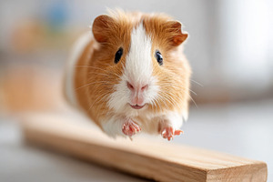 Cute jumping guinea pig on wooden surface, an Animal Photo by AlyaAnd
