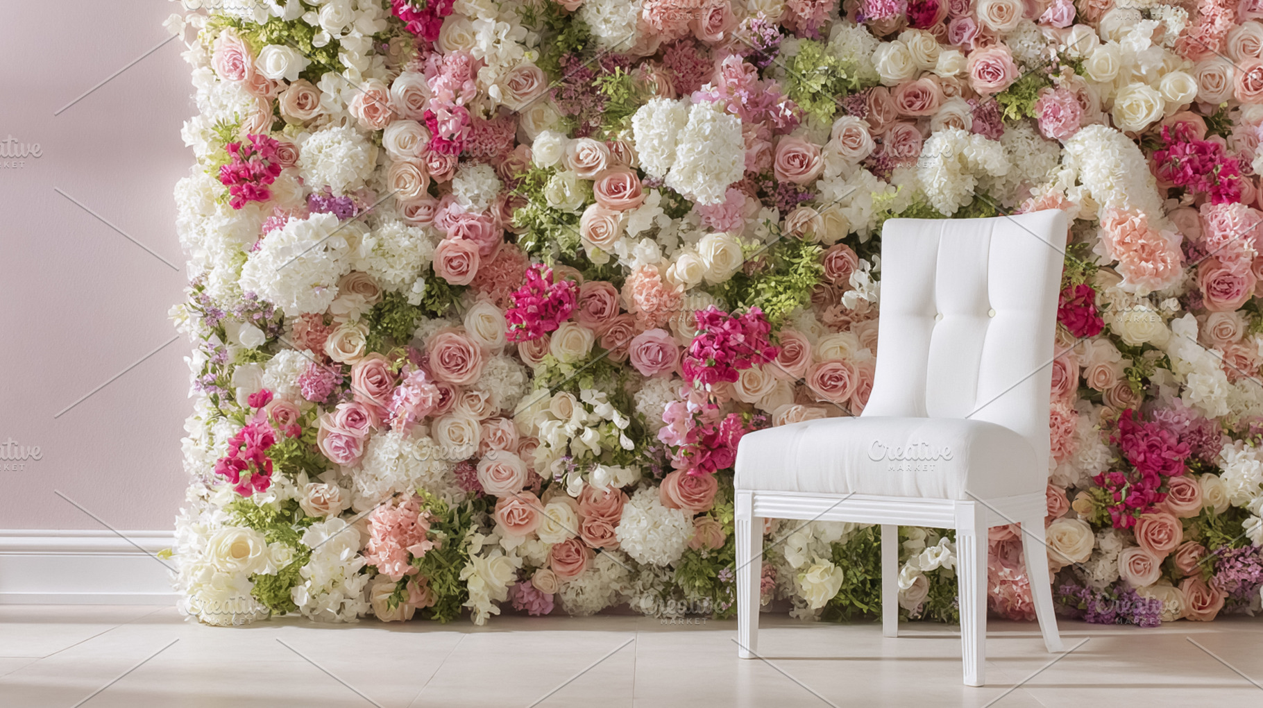 White tufted chair standing against a floral wall, creating a ro, a Photo by Studio ANNA