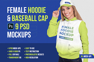 Female Hoodie & Baseball Cap Mockup