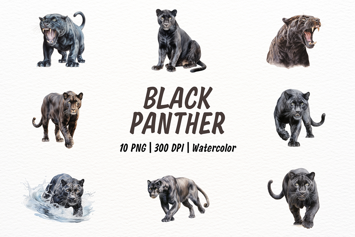 Elegant Black Panther Watercolor Set, an Illustration by New-School-Wave (Photo 1 of 5)
