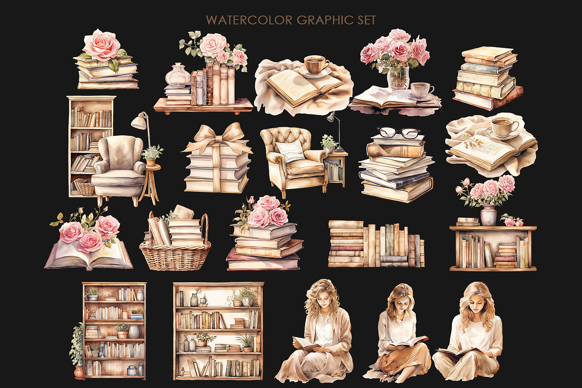 Watercolor reading book clipart., an Object Graphic by AquarelleSpace (Photo 3 of 4)