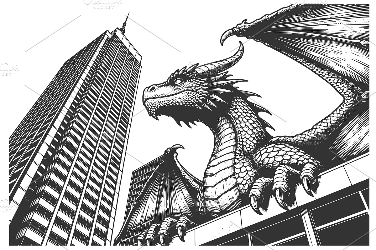 Giant Dragon Towering Over Modern, an Animal Illustration by AlexArt
