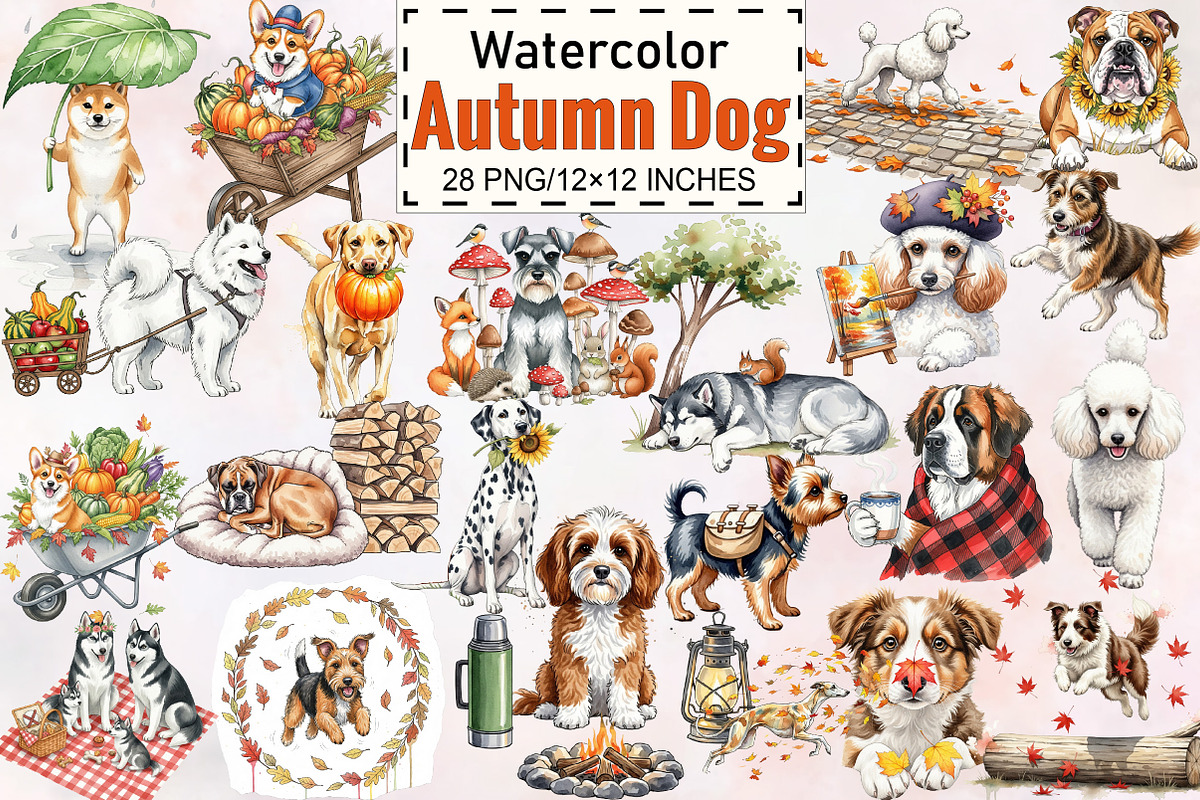 Watercolor Autumn Dog Clipart, an Illustration by SVGArt (Photo 1 of 8)