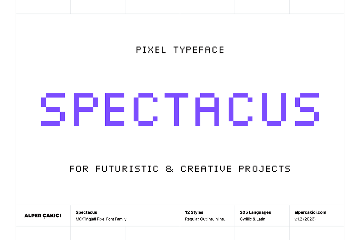 Spectacus Pixel Typeface (12 Fonts), a Sans Serif Font by alpercakici (Photo 1 of 14)