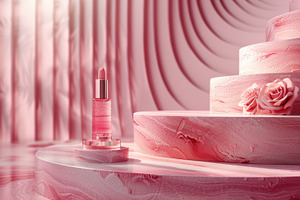 Pink lipstick product display on elegant marble podium with soft, a Nature Photo by José Manuel Gelpi