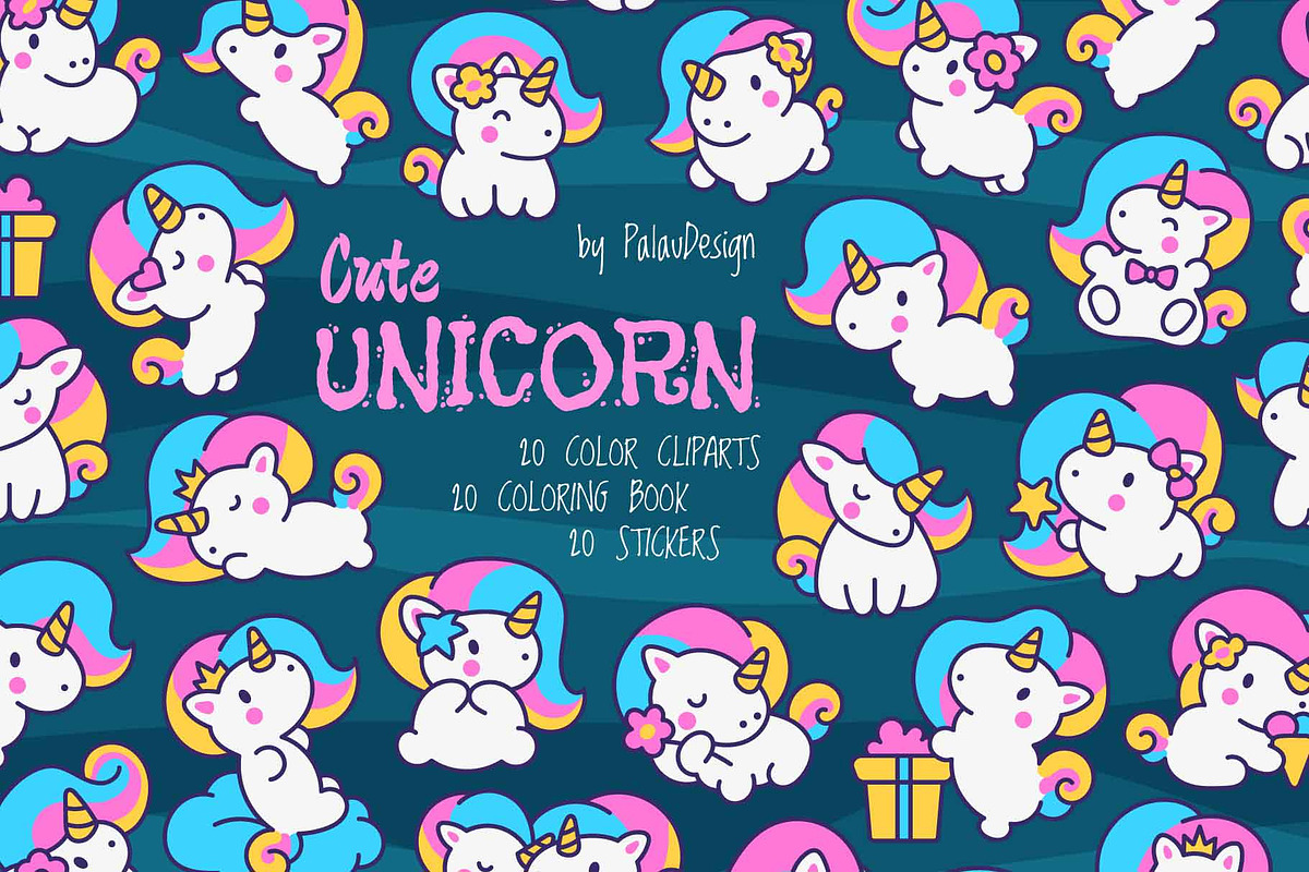 Cute Kawaii Unicorn Characters, an Animal Illustration by Palau (Photo 1 of 12)