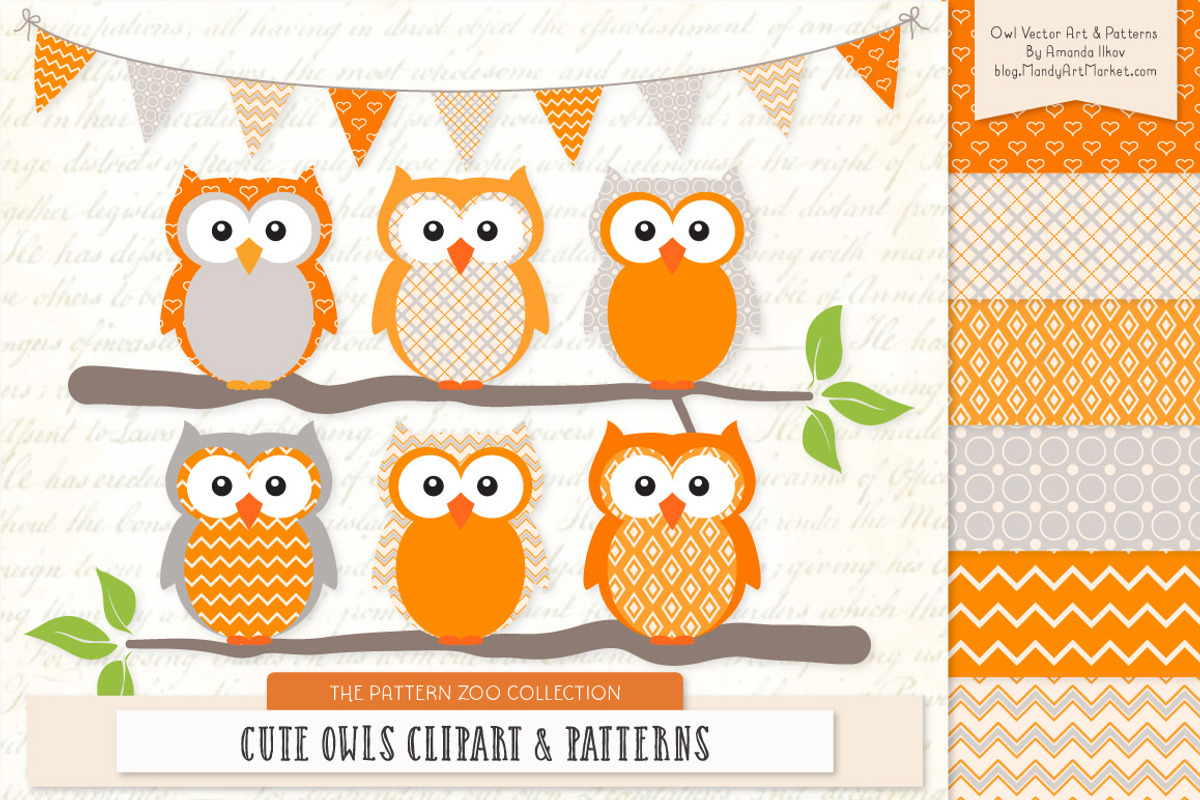 Owls Clipart & Patterns in Tangerine, an Animal Illustration by Amanda Ilkov (Photo 1 of 4)