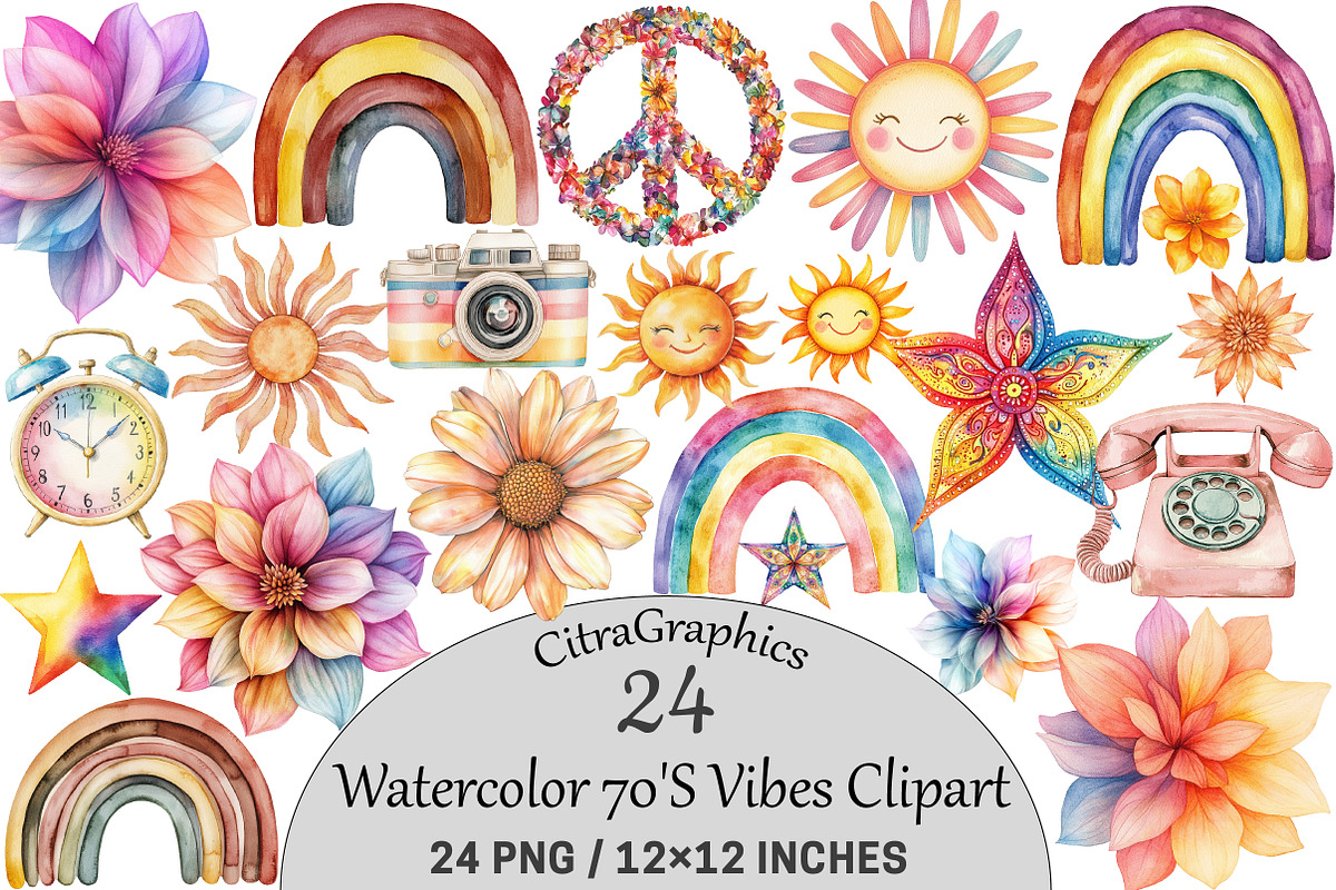 Watercolor 70'S Vibes Clipart, a Seasonal Illustration by CitraGraphics (Photo 1 of 6)