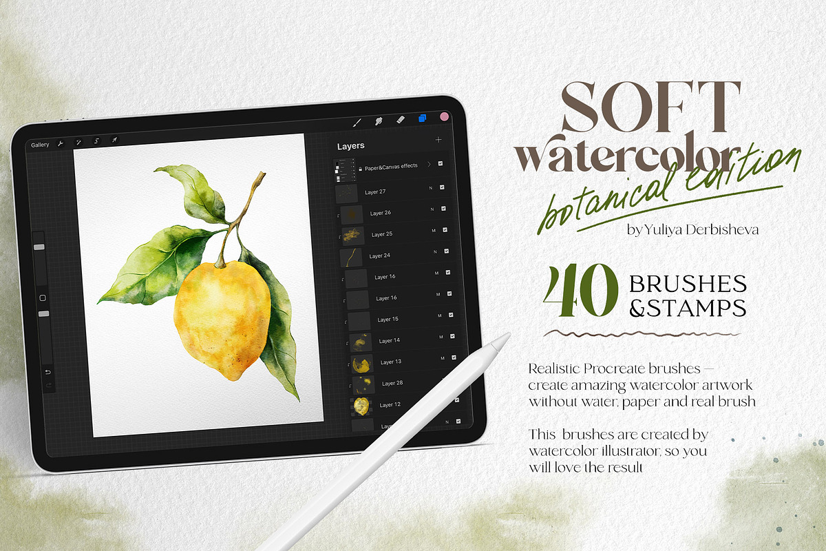 Watercolor Procreate brushes Botany, a Brush Add-On by Yuliya Derbisheva (Photo 2 of 13)