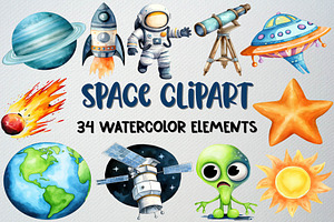 Watercolor Space Clipart Set, 34 PNG