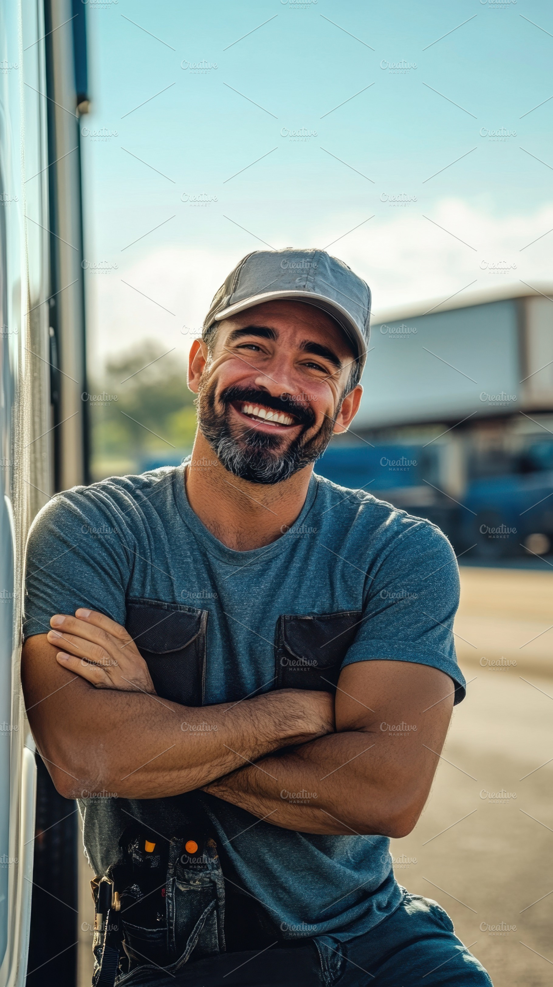 Smiling man by truck outdoors, a Photo by Beautiful things