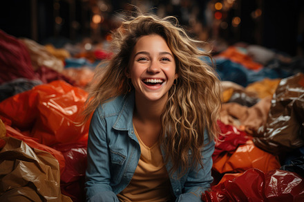 Happy girl laughing surrounded by nu, a Photo by SaroStock