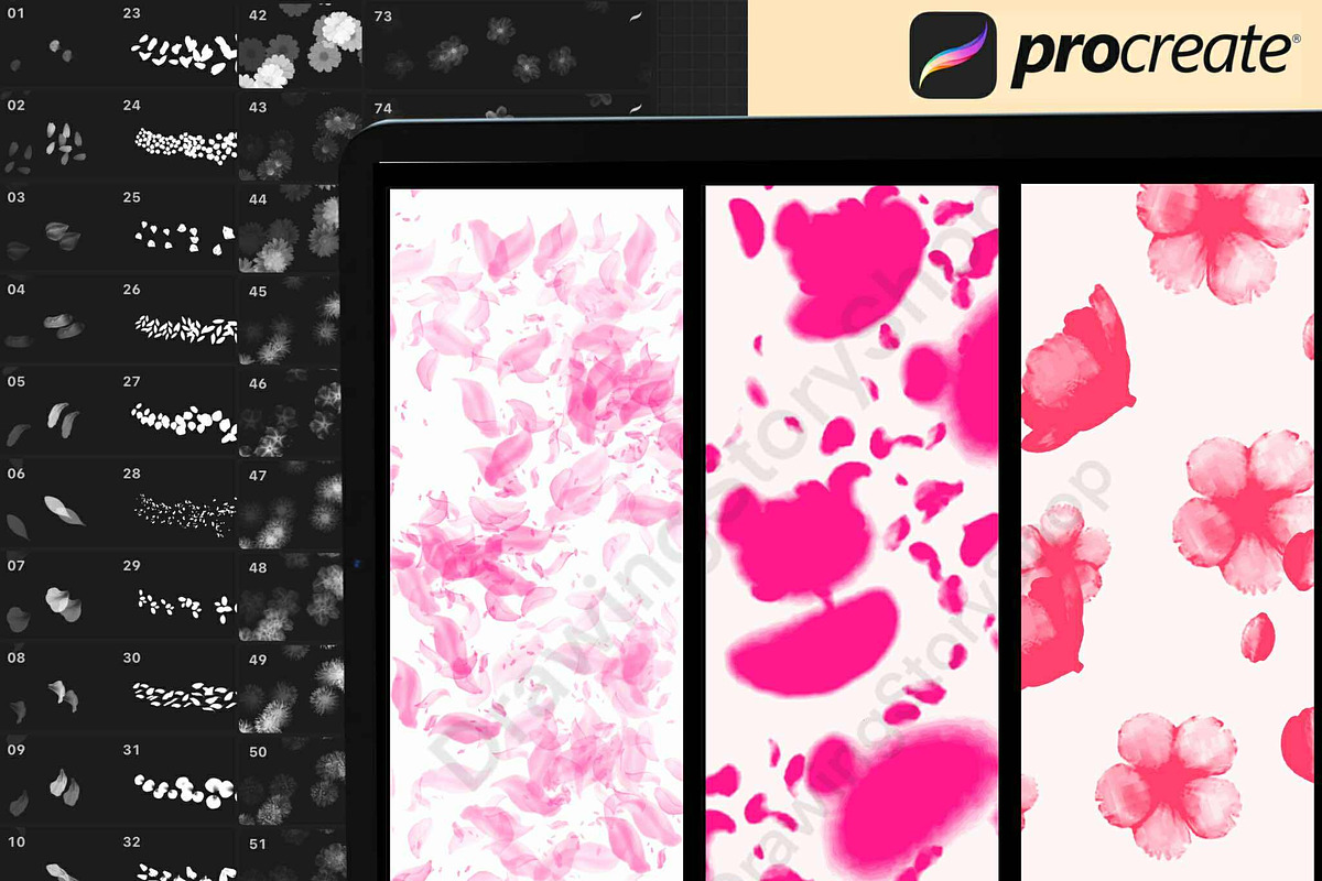 120 procreate falling flowers brush, a Brush Add-On by DrawingStoryShop