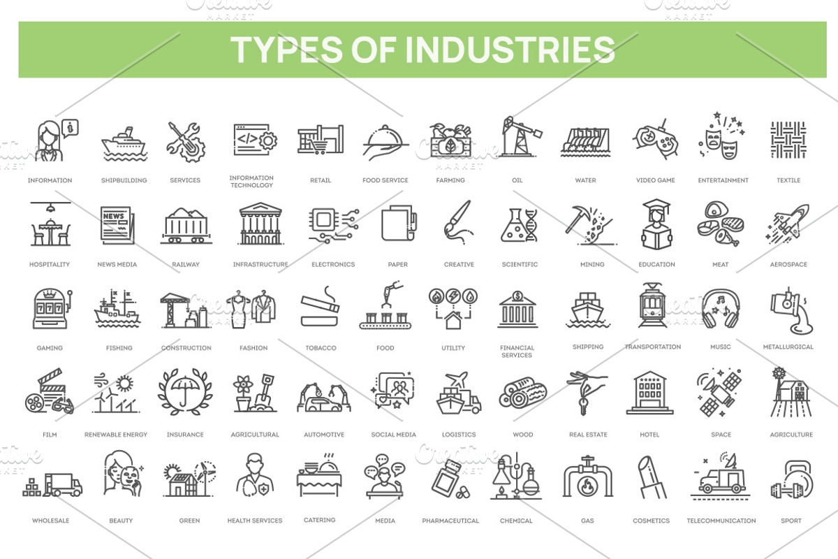 Types of Industries outline icons, an Outline Icon by Tettygreen (Photo 1 of 2)