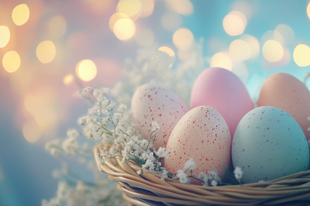 Colorful eggs arranged in a basket, a Photo by Beautiful things