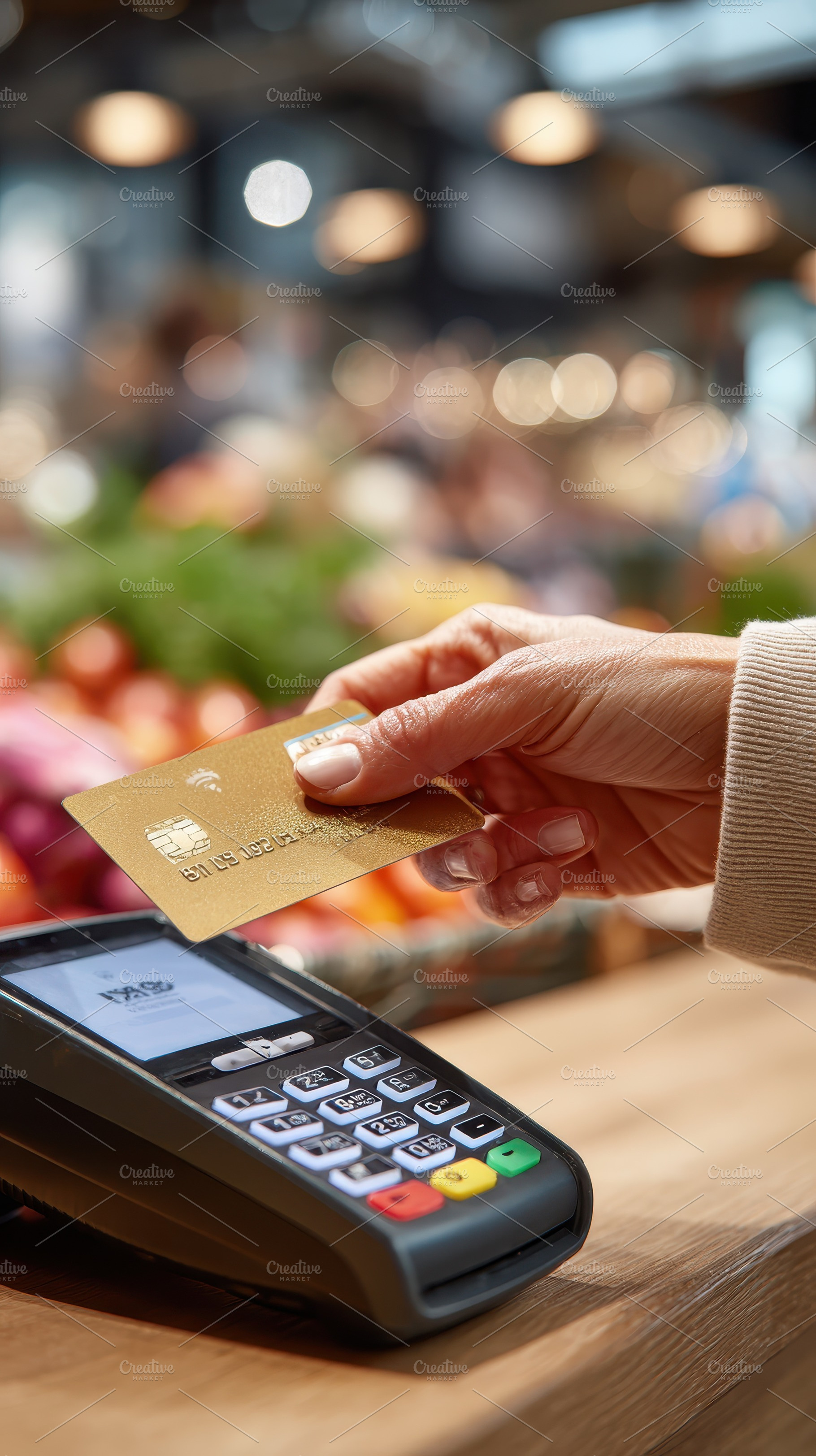 Woman paying with gold credit card a, a Photo by Pixeness Studio