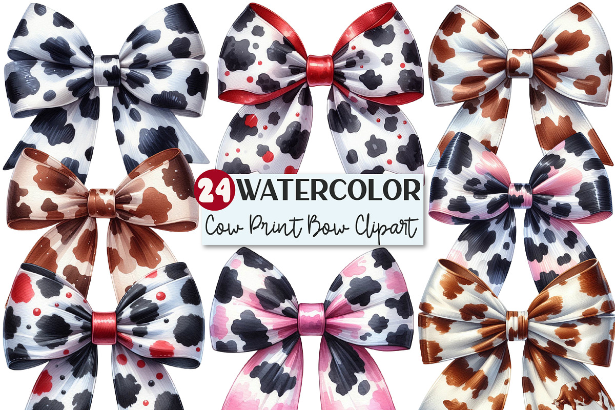 Watercolor Cow Print Bow Clipart, an Illustration by Rose Art (Photo 1 of 4)