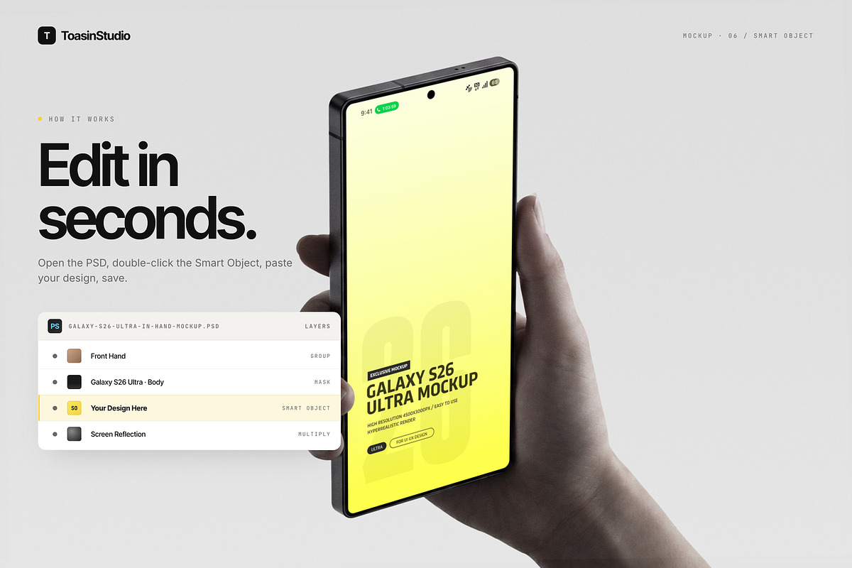 Hand Held Galaxy S26 Ultra Mockup, an Android Mockup by Toasin Studio (Photo 6 of 8)