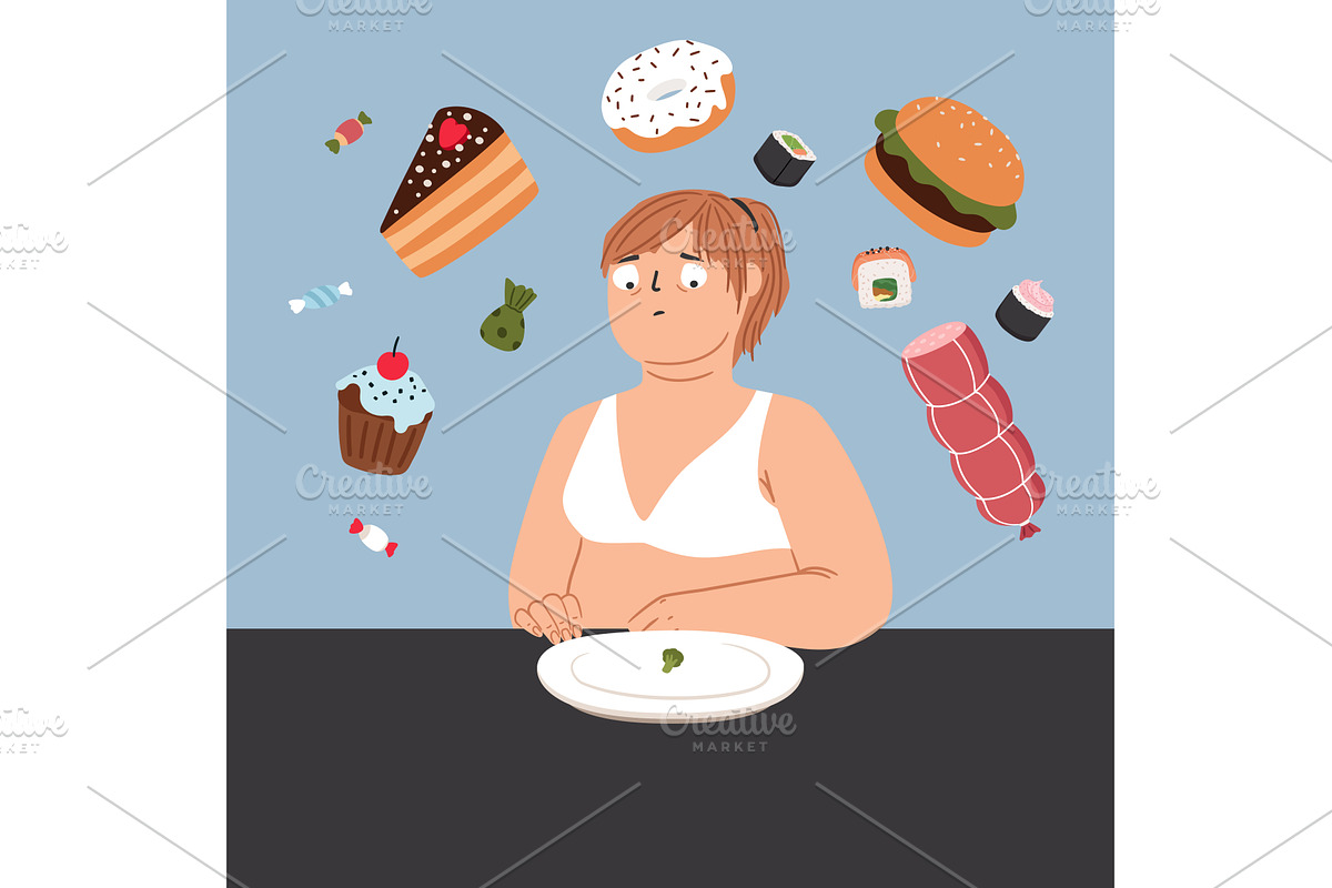 Sad overweight woman on a diet with, a Food Illustration by Stock-Smart-Start