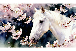 White horse framed by blooming