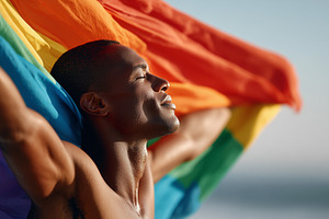 Young black man holding rainbow flag, a Person Photo by MistyDay