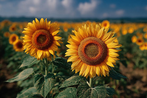 Two Bright Sunflowers in Bloom Over Summer Field, a Nature Photo by José Manuel Gelpi