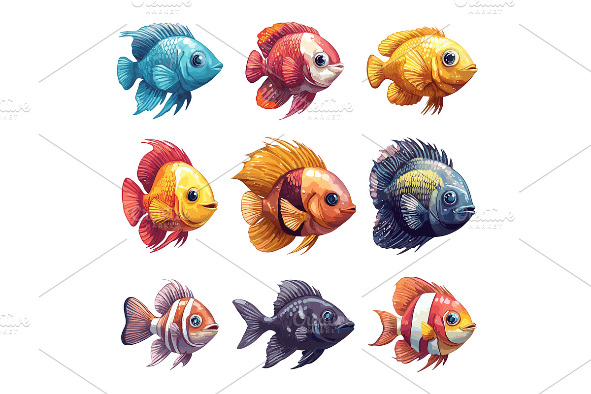 Sea Fishes Cartoon Icons Set Marine, an Animal Illustration by LadadikArt