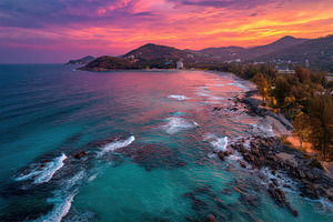 Stunning sunset over tropical beach, a Photo by Pixeness Studio