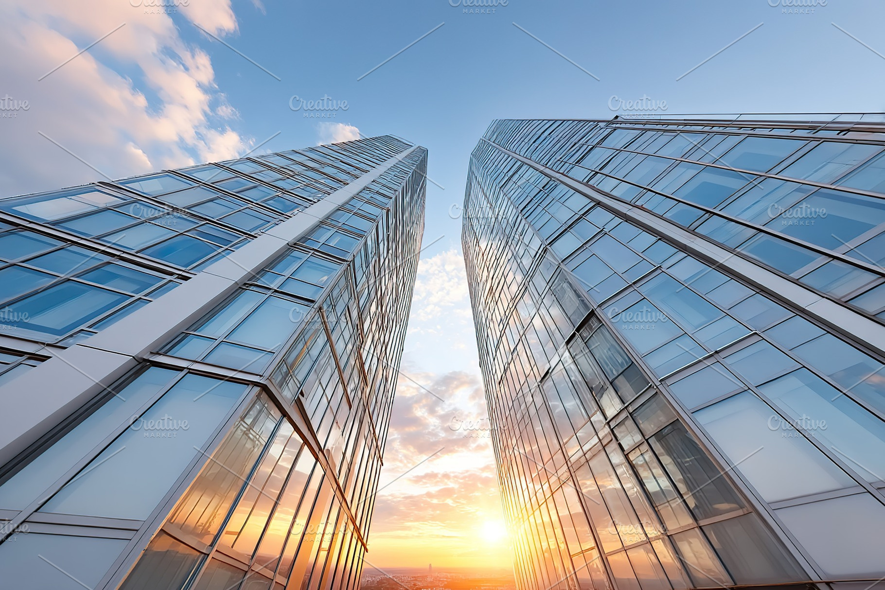Skyscrapers reaching towards the sky at sunset over a city skyline, an Architecture Photo by AlyaAnd