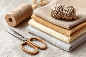 Neutral fabric flat lay with sewing supplies and wooden scissors for creative p, a Photo by AlyaAnd